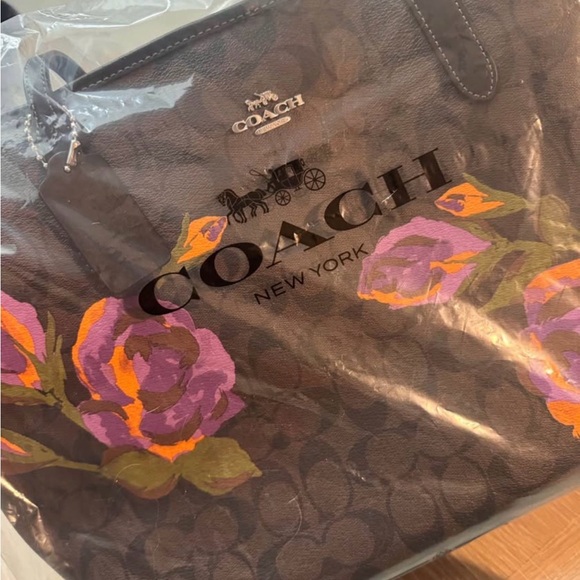 Unique Coach Brown Signature Tote with Purple and Orange Floral Print - Picture 8 of 8